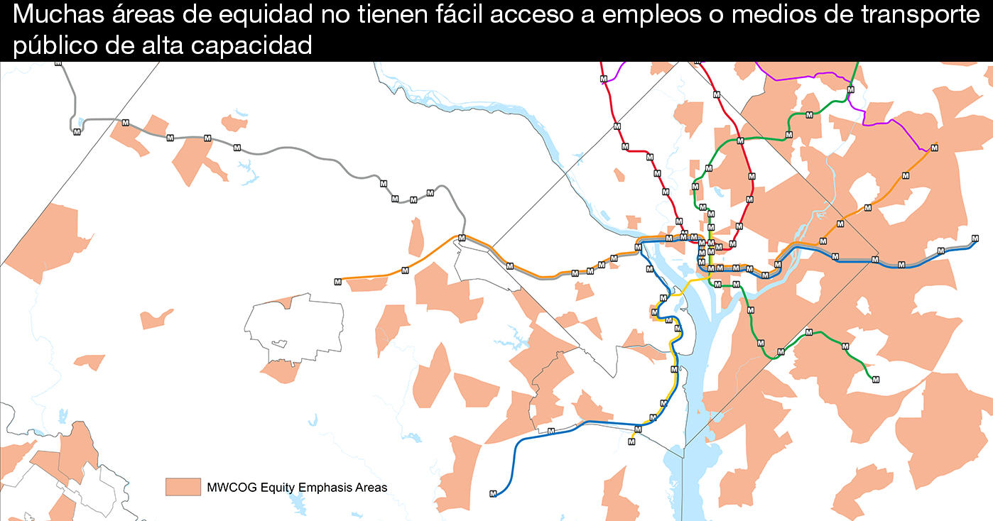 Imagen del mapa que identifica las zonas de énfasis en la equidad de MWCOG. Muchas zonas de equidad no tienen fácil acceso a empleos o transporte público de alta capacidad. 